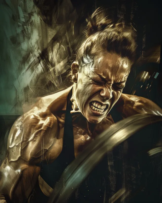 Russian woman weightlifter drives a barbell upward, gritted teeth, dramatic chiaroscuro lighting