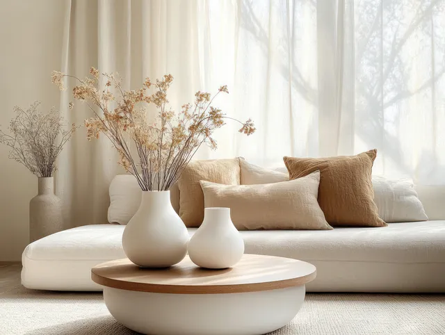 A beige sofa with cushions sits behind a round wooden coffee table holding white vases of dried flowers in soft daylight.
