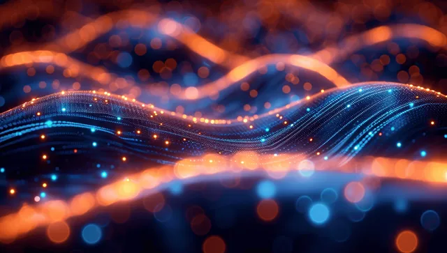 Neon blue and orange waveforms connect glowing nodes across a dark digital network background.