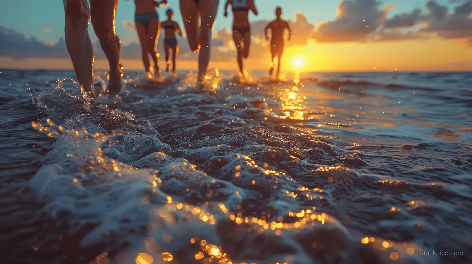 Friends sprint along a sandy shoreline at sunset as legs and feet splash through shallow waves.
