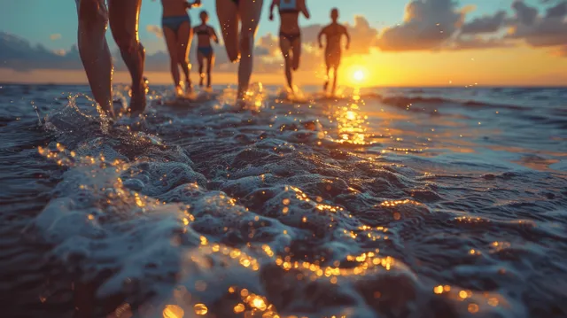 Friends sprint along a sandy shoreline at sunset as legs and feet splash through shallow waves.