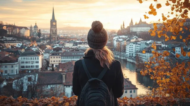 A backpacked traveler watches a river city at autumn sunset with church spires and orange leaves around.