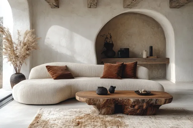 White sofa and wooden coffee table in a bright living room with a cat near soft Christmas decorations.