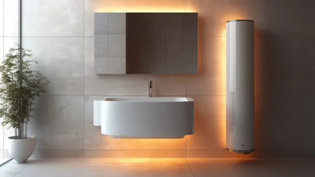 Minimalist bathroom corner with wall-mounted sink and a cylindrical water heater under warm ambient lights.