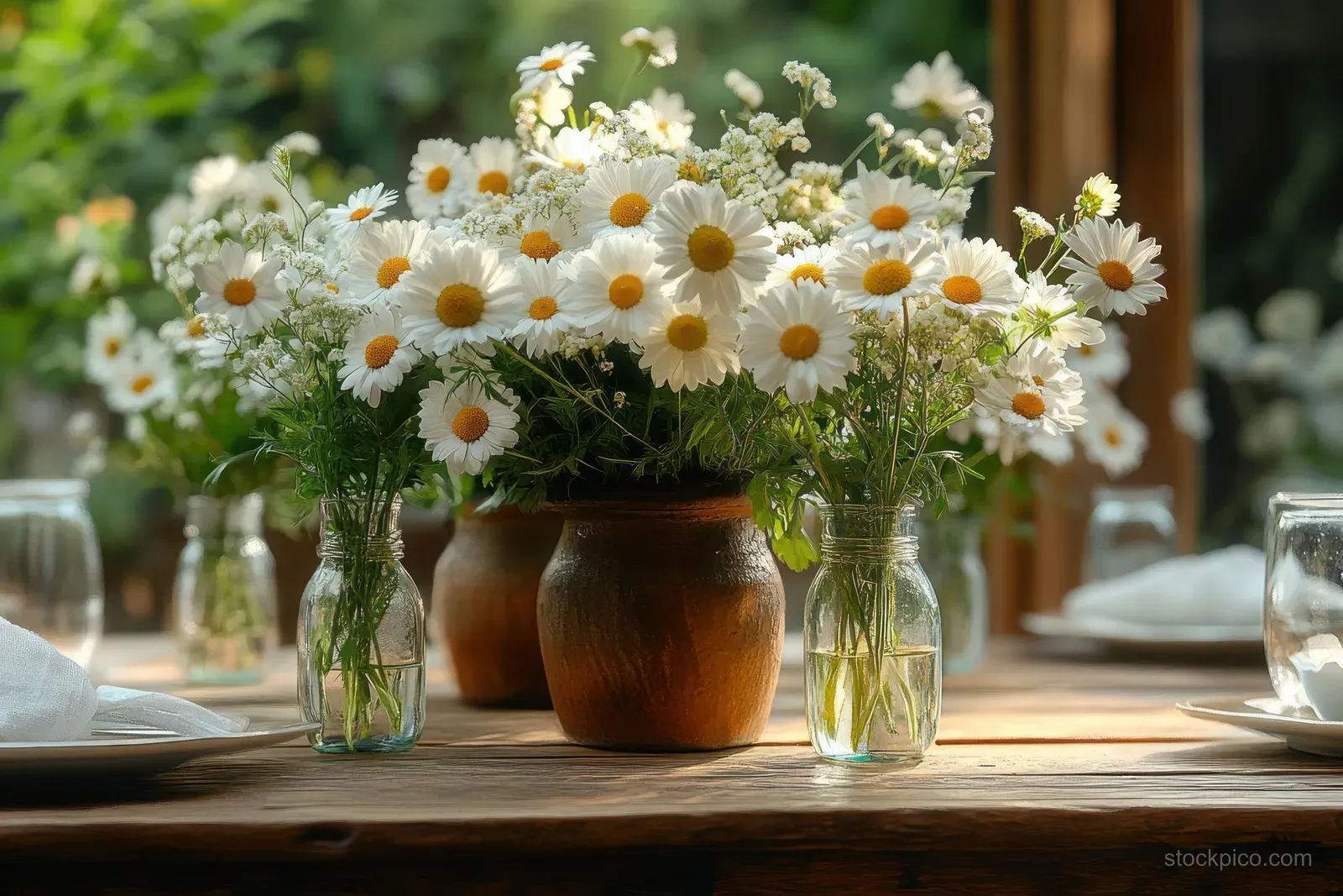 White daisy bouquet and wildflowers in glass bottles and a ceramic vase on a sunlit wooden dining table.