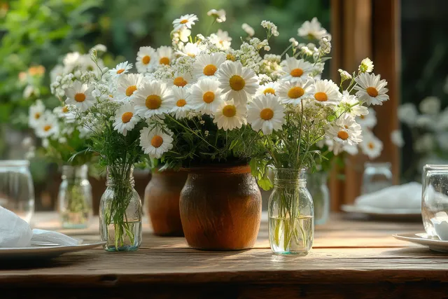 White daisy bouquet and wildflowers in glass bottles and a ceramic vase on a sunlit wooden dining table.