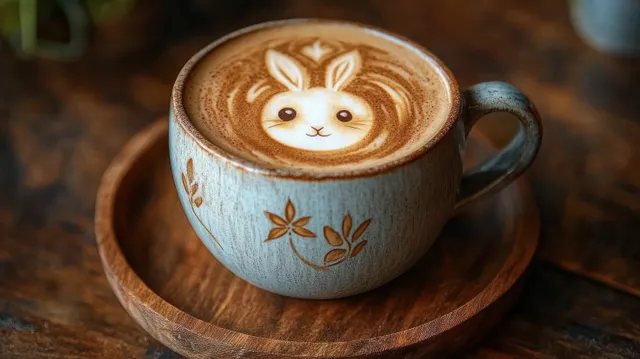A blue floral ceramic mug of latte shows bunny-shaped foam art on a wooden saucer.