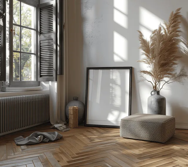 An A4 poster in a black frame stands on a bench in a boho living room with oak herringbone flooring and window light.