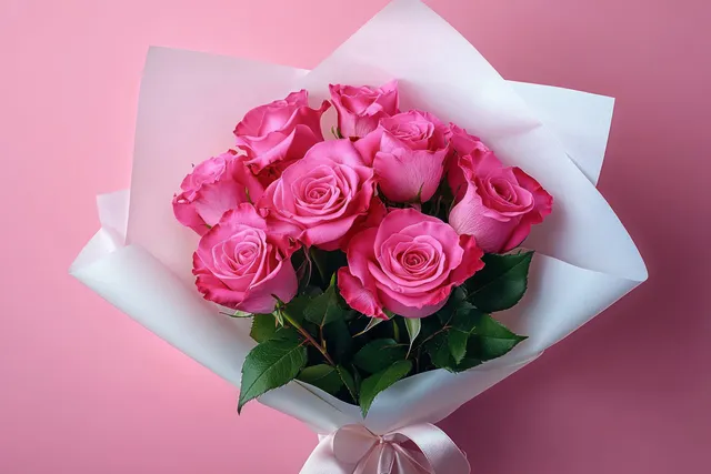 Pink roses with green leaves wrapped in white paper and tied with a pink ribbon against a pink background.