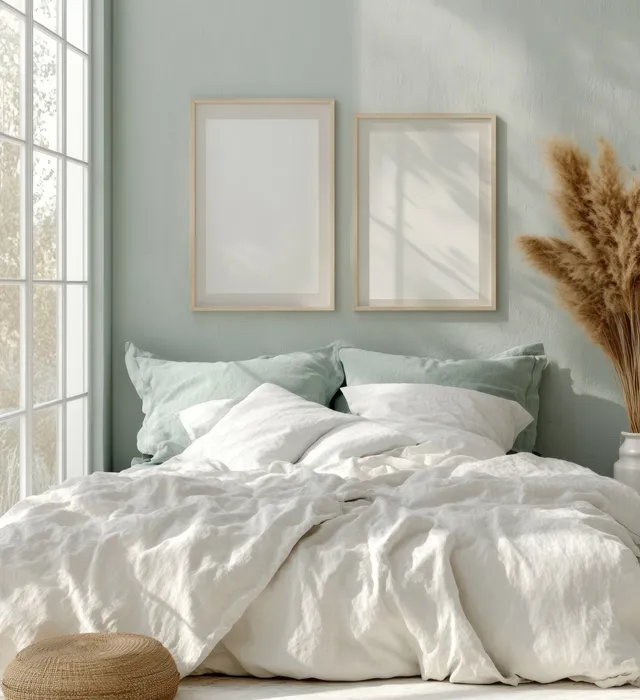 Scandinavian bedroom with mint and white bedding, empty frames on the wall, and dried pampas grass by a sunny window.