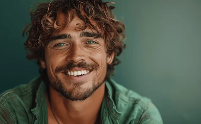 Smiling young man with curly hair in a bright green shirt against a solid green studio background.