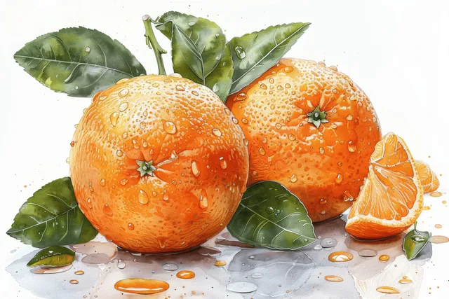Two clementines with green leaves beside sliced segments, watercolor splash on white