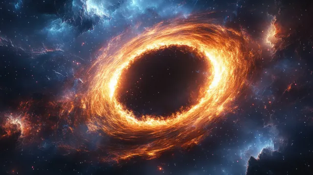 Black hole accretion disk glowing with interstellar dust, warped light, and distant stars