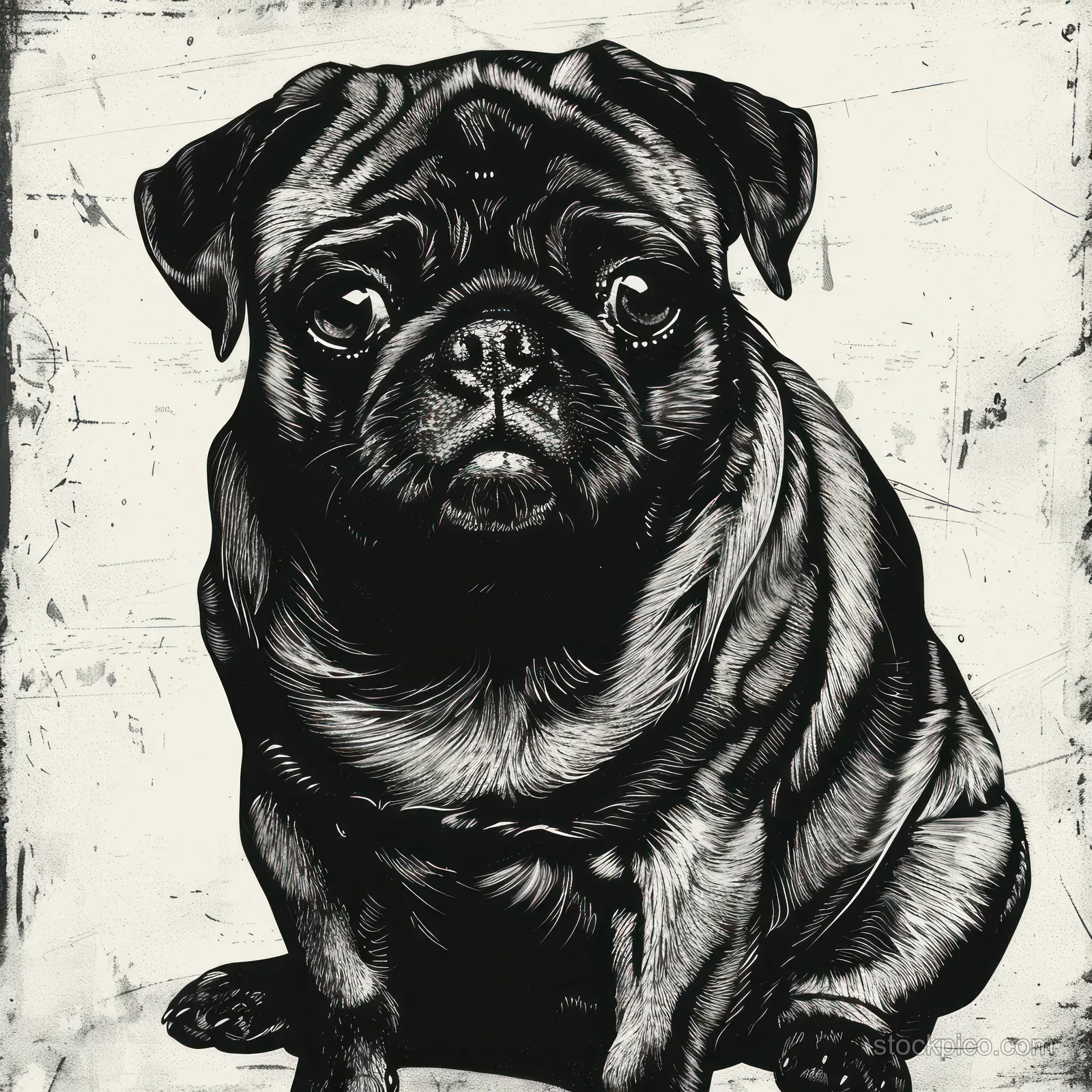 A small pug dog sits staring forward with a sad soulful expression in a black and white textured illustration.