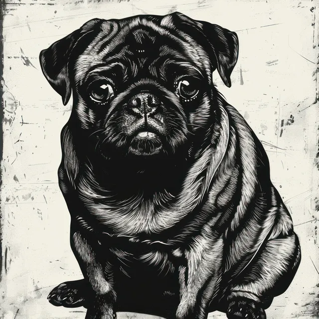A small pug dog sits staring forward with a sad soulful expression in a black and white textured illustration.
