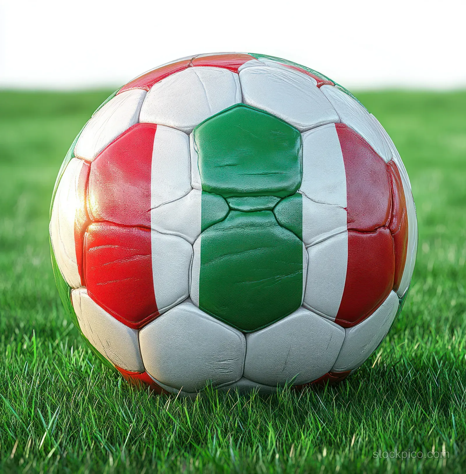 Italian-flag patterned soccer ball rests on green grass under bright sunlight with visible reflections.