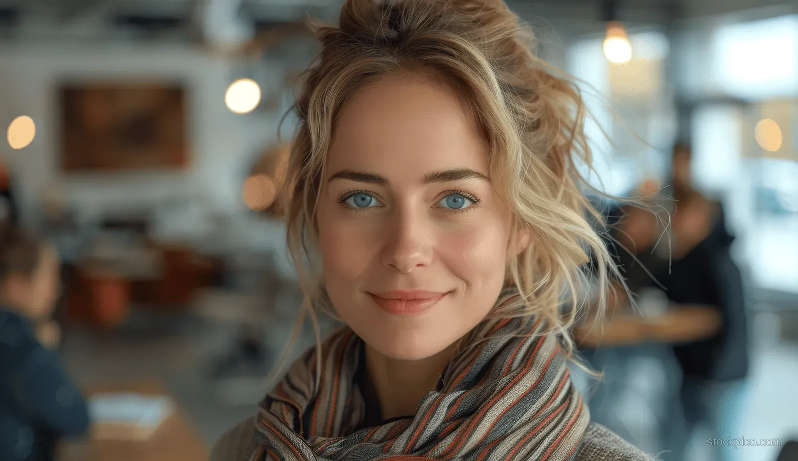 A blonde woman wearing a striped scarf smiles toward the camera in a warmly lit café with blurred patrons behind her.