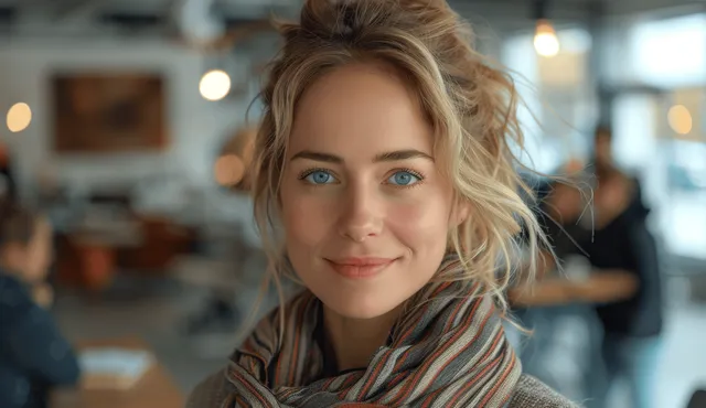 Blonde woman in striped scarf smiling in softly lit café with blurred background