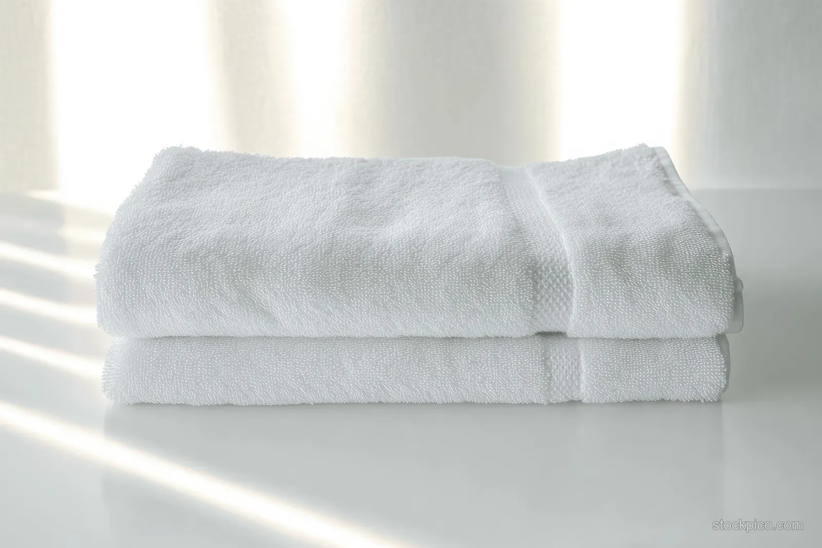 Two folded white towels are stacked on a clean surface with soft natural light and gentle shadows.