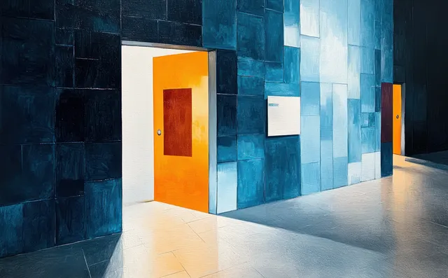 An empty corridor with blue textured walls, two orange doors, and long shadows across tiled floors.