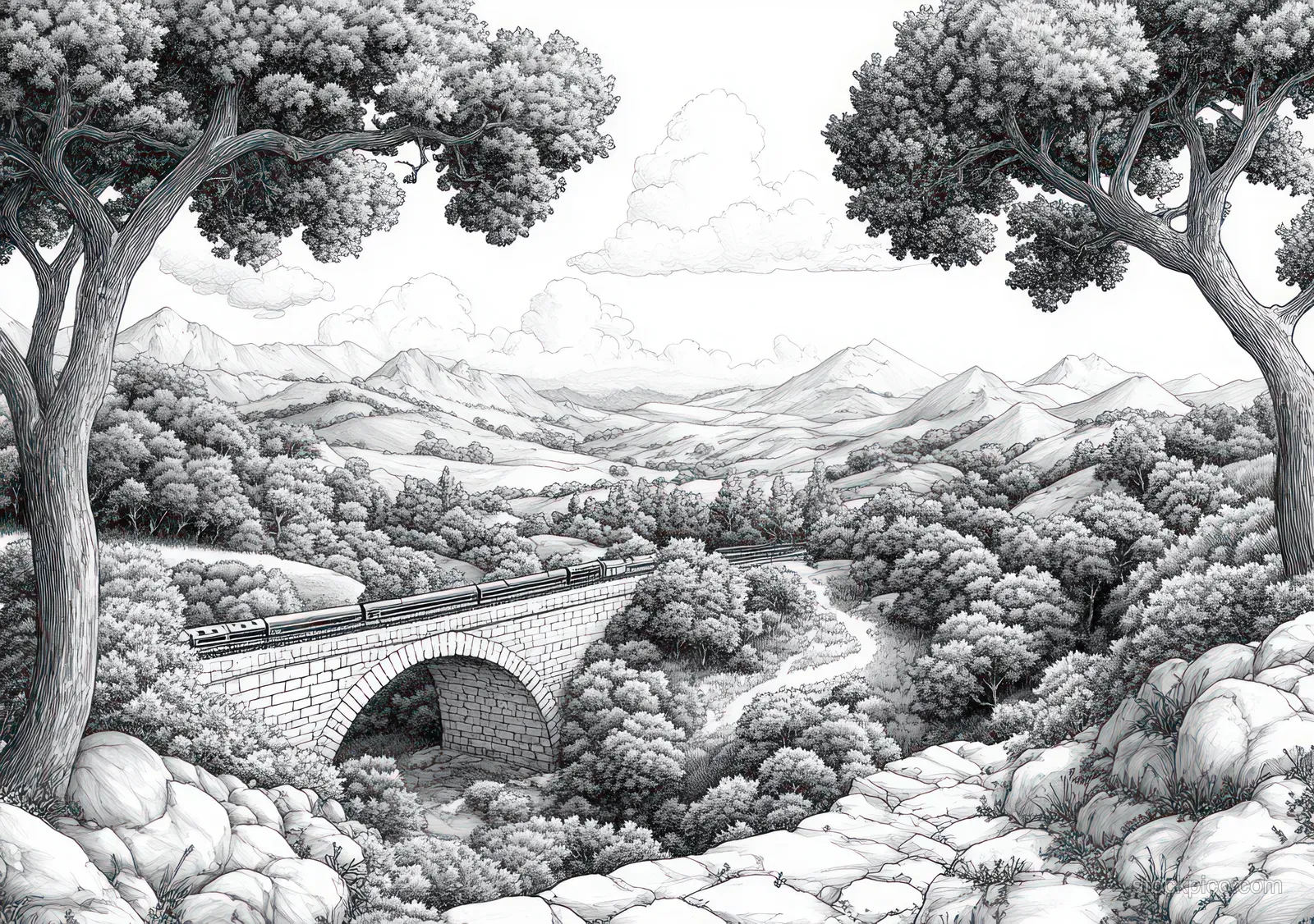 A monochrome ink drawing shows a local train crossing an arched bridge over a stream in a rural hilly landscape.