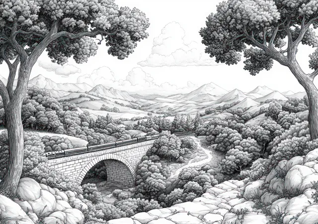 Ink-style local train crossing rural bridge amid hills and dense trees
