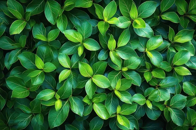 Dense green leaves overlap in a sunlit cluster, showing detailed veins and glossy leaf texture.