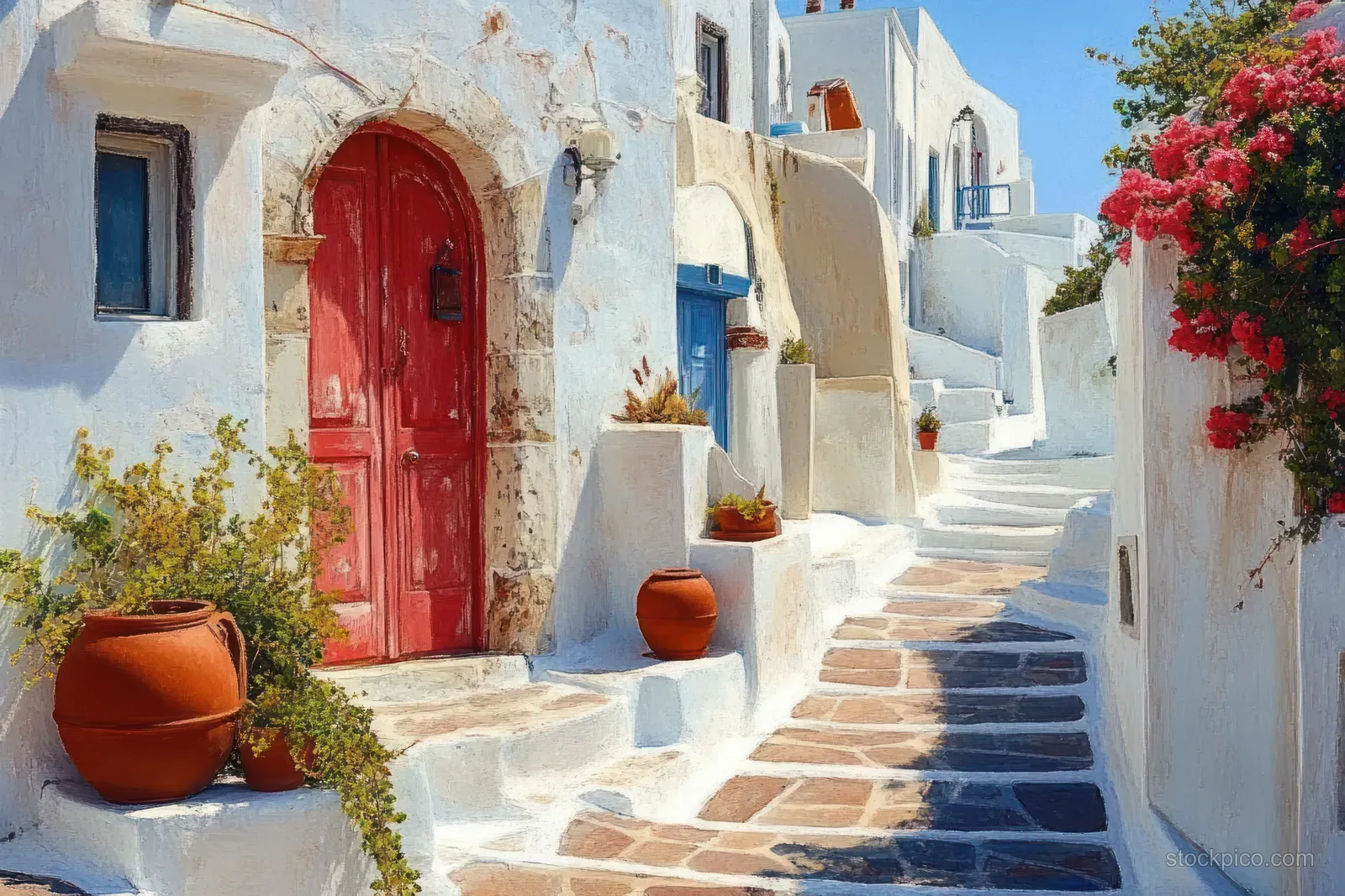 A narrow sunlit alley with white steps, colorful doors, terracotta pots, and bright flowers under a blue sky.