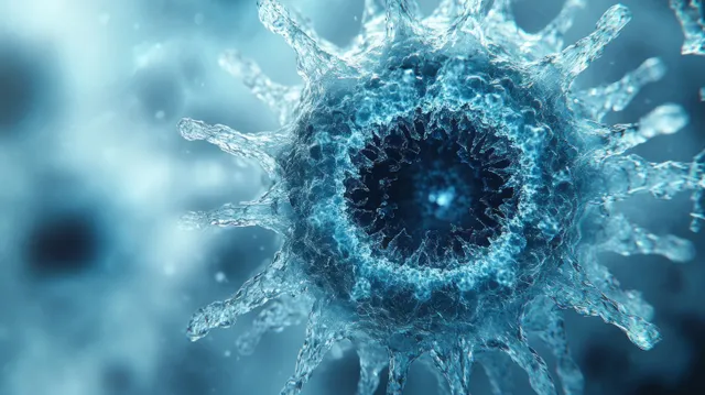 Blue microscopic virus structure surrounded by DNA-like strands under soft monochrome lighting.