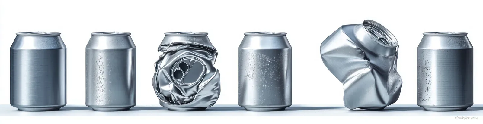 Six aluminum cans in a row on a white background, some intact and some crushed, with condensation on a few.