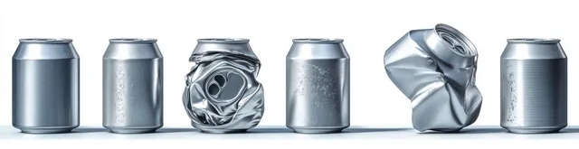 Six aluminum cans in a row on a white background, some intact and some crushed, with condensation on a few.