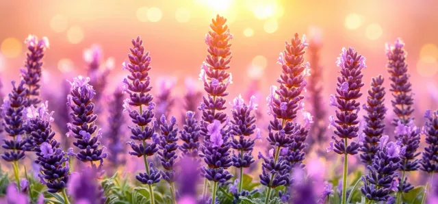 Purple lavender flower spikes bloom in a meadow with warm sunlight and soft golden background glow.