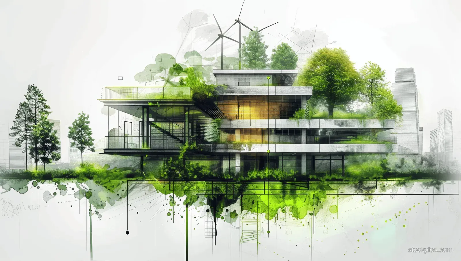 Concept sketch of an eco-industrial building with solar panels, wind turbines, and green watercolor splashes.