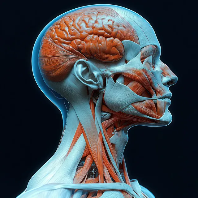 Side profile anatomical illustration of human neck muscles, tendons, and connective tissues with blue and orange glow.