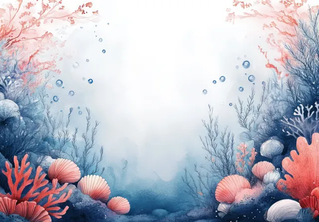 Colorful coral and seashell reef illustration with swimming fish, turtle, whale, jellyfish, and starfish under blue light.