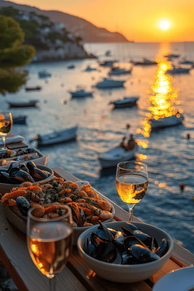 Sunset Mediterranean seafood dinner on a seaview table with wine glasses and mussels