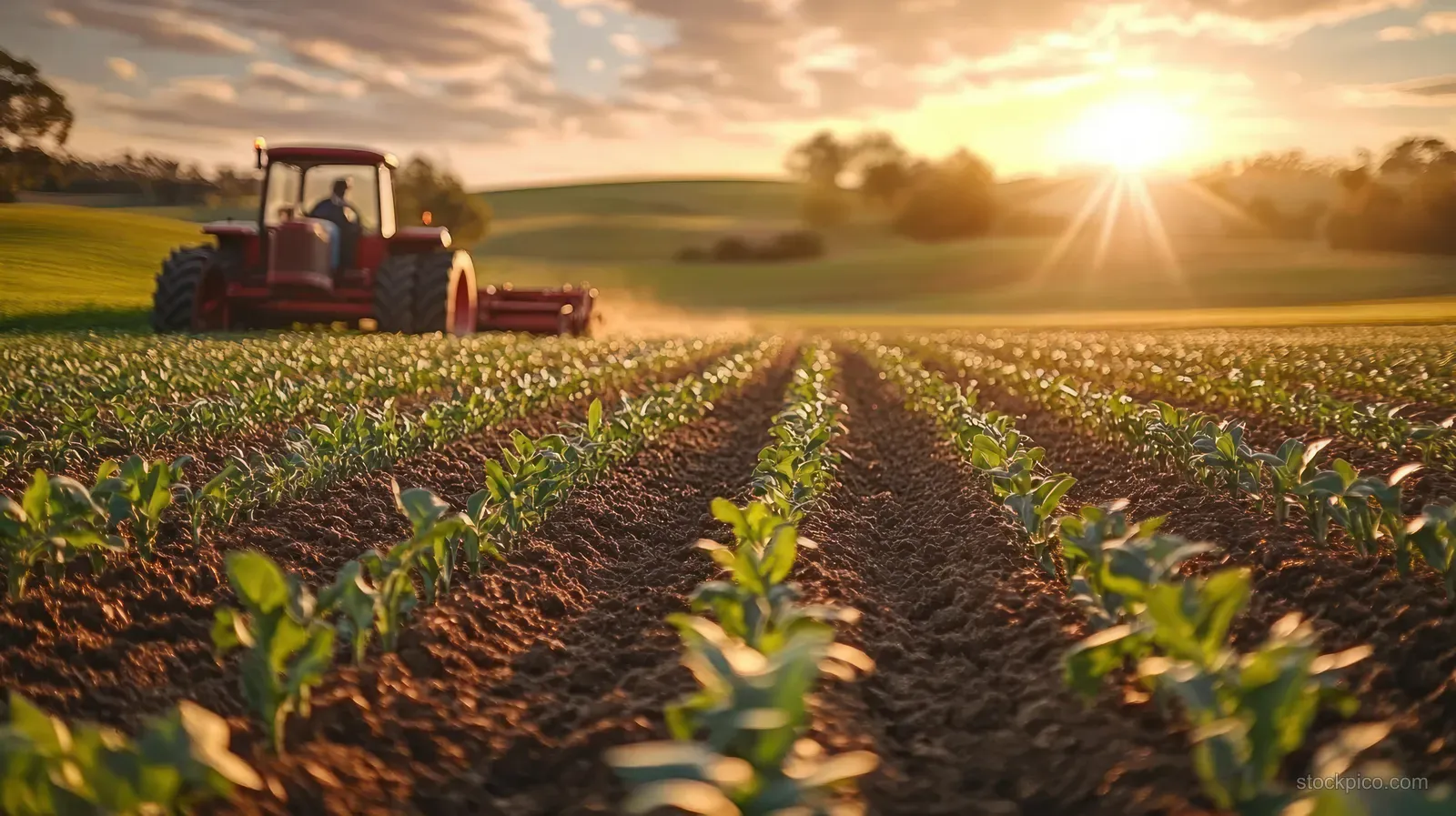 A tractor plows straight rows in a field of young green crops at sunrise with the sun flaring in the sky.