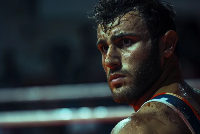 A Greco-Roman wrestler with Georgia colors and headwrap prepares on a wrestling mat under dim arena lights.