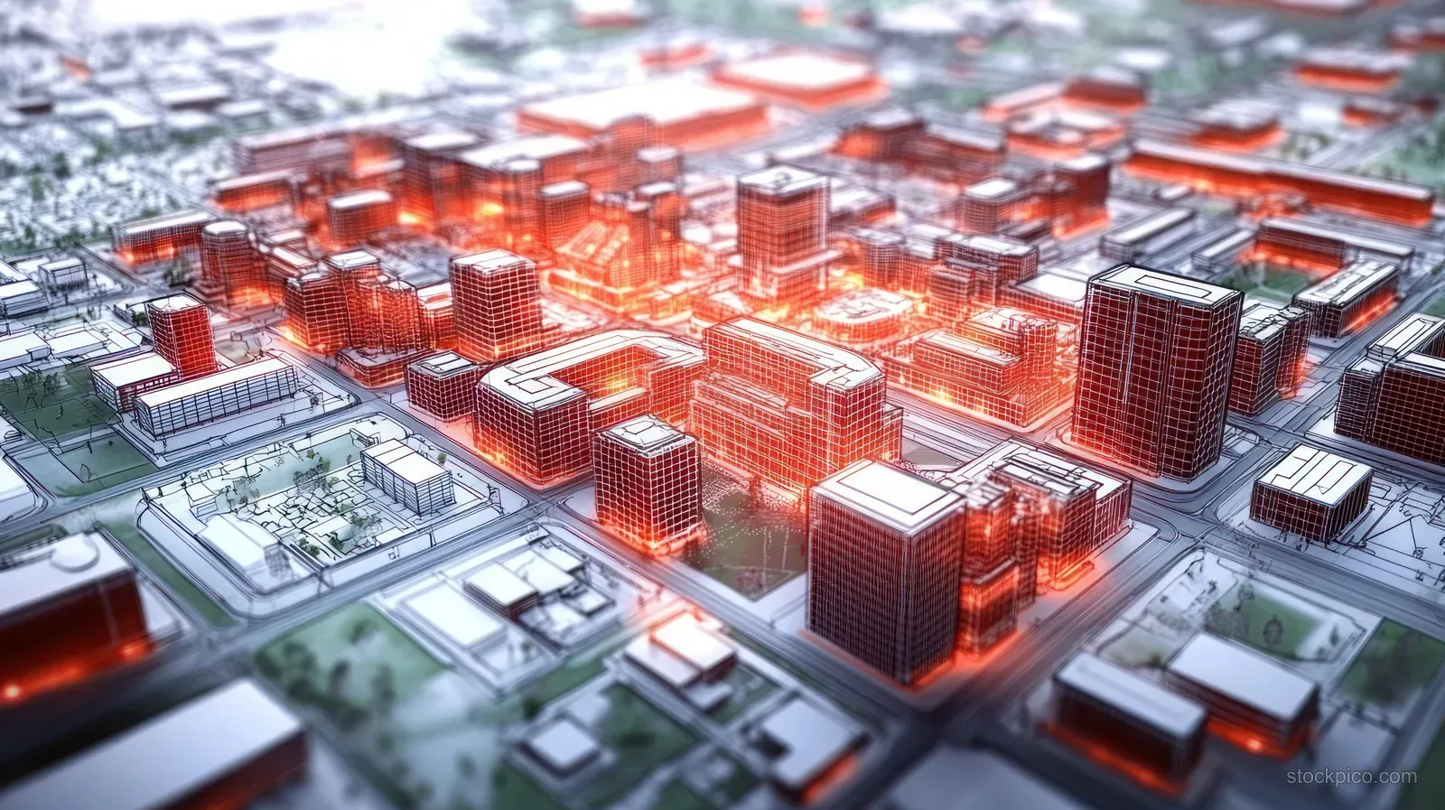 Glowing 3D city blocks sit on a blueprint-style map with visible roads and green park patches.