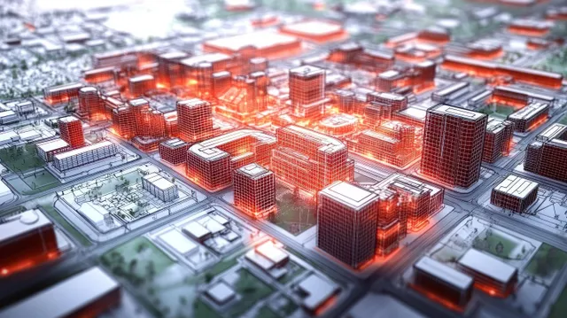 Glowing 3D city blocks sit on a blueprint-style map with visible roads and green park patches.