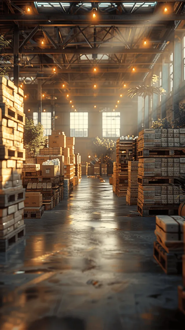 Warehouse aisle with stacked pallets and cardboard boxes under warm overhead lights and window light beams.