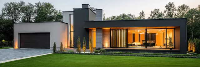 Modern house with lit patio and lush garden at dusk, geometric clean facade