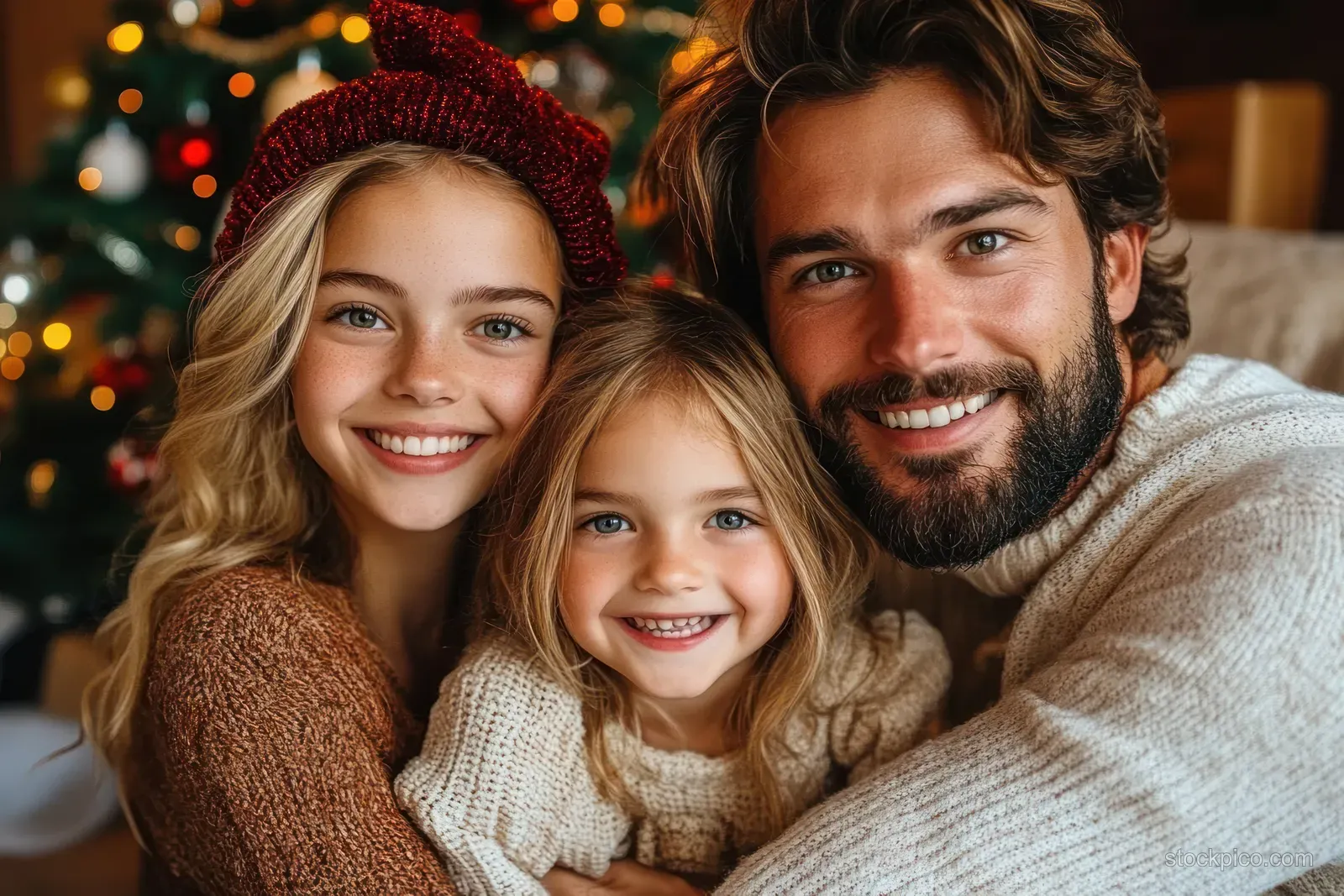 A bearded man hugs two smiling girls in cozy sweaters in front of a decorated Christmas tree with warm lights.