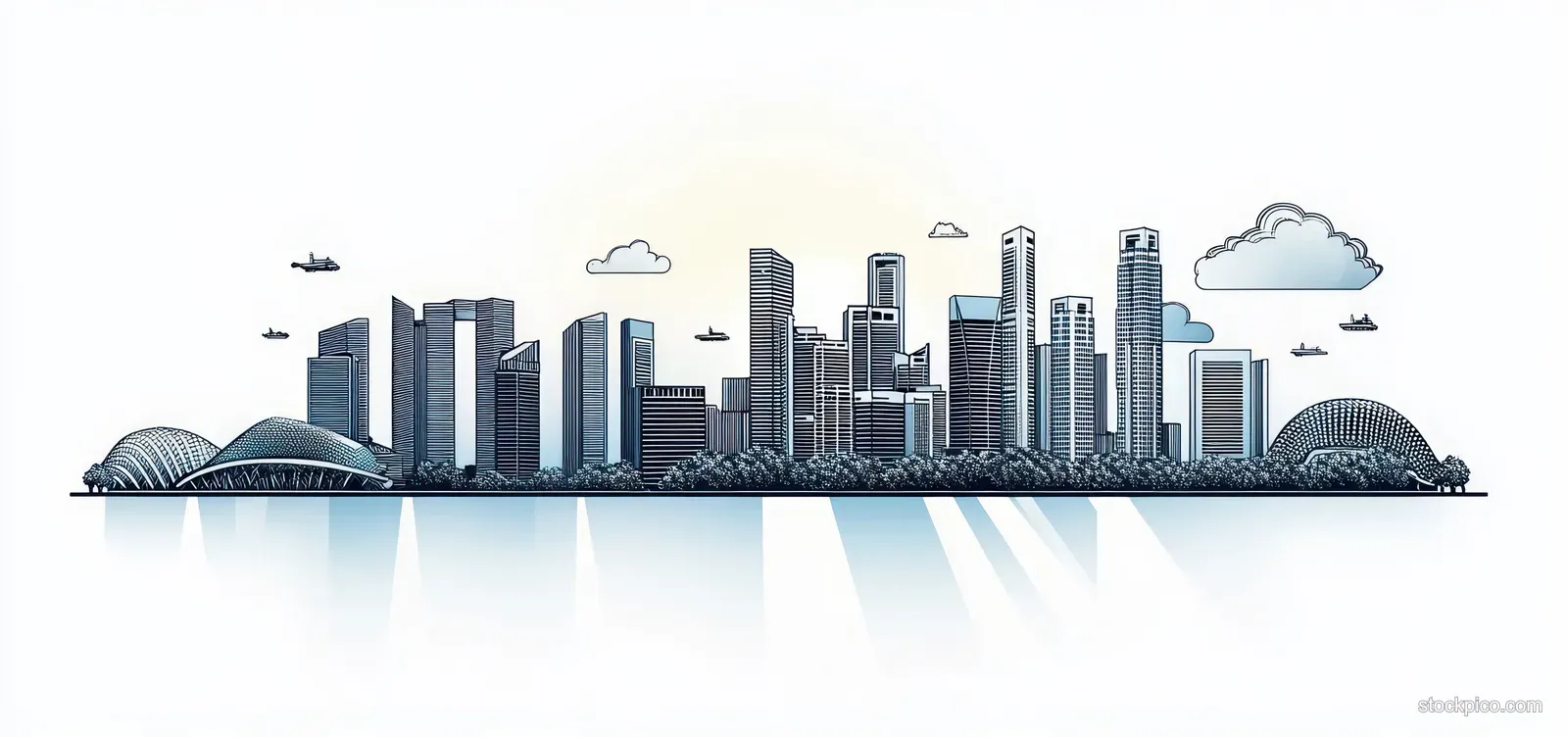 Minimalist Singapore skyline illustration with greenery and sunlight reflections over calm water.