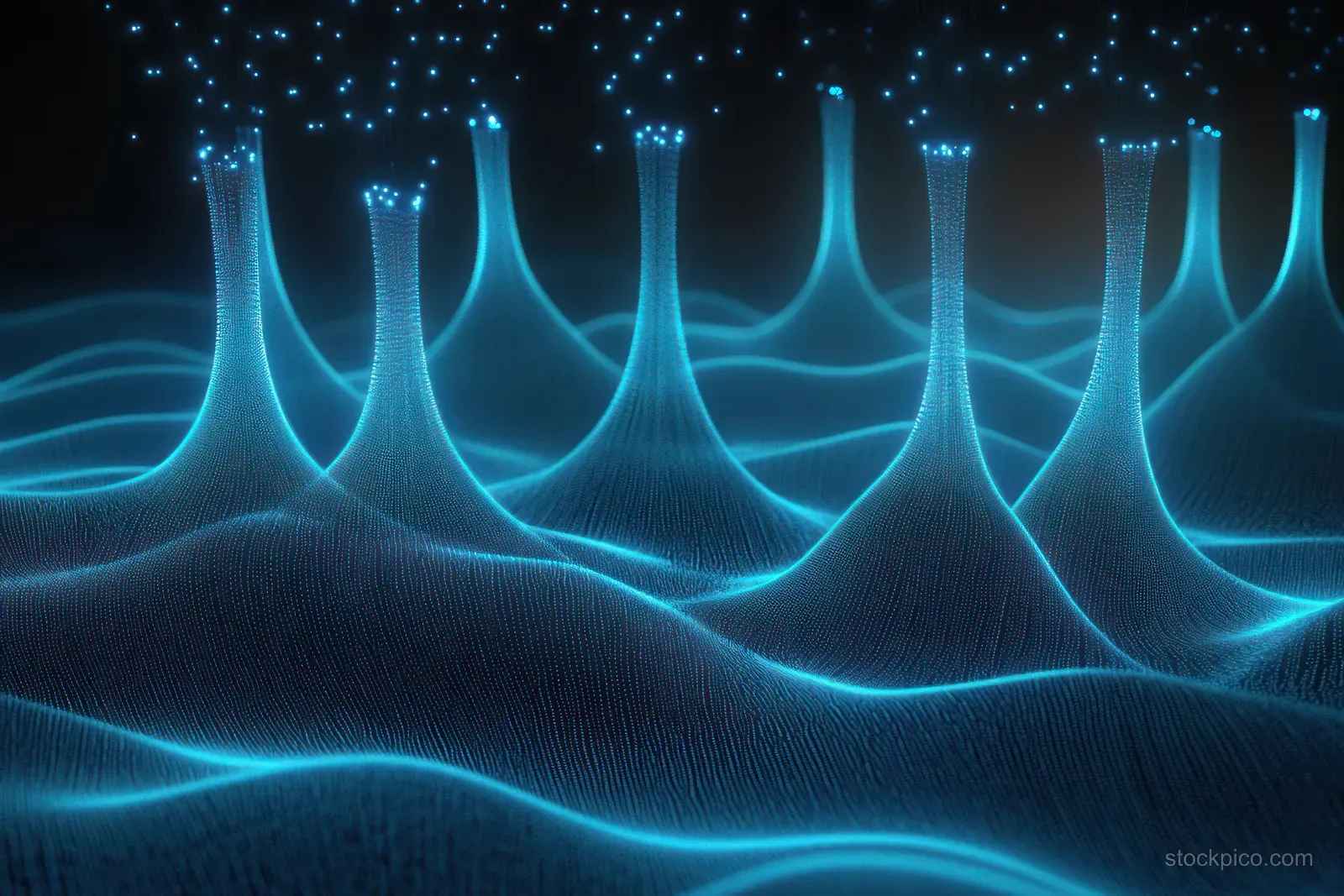 Blue glowing hair follicles rise from a 3D scalp surface with a bioluminescent light haze.