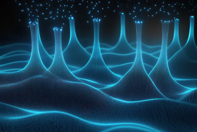 Blue glowing hair follicles rise from a 3D scalp surface with a bioluminescent light haze.
