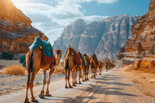 Colorful camels walking along desert road in Al Ula with rocky cliffs and shaded cafes