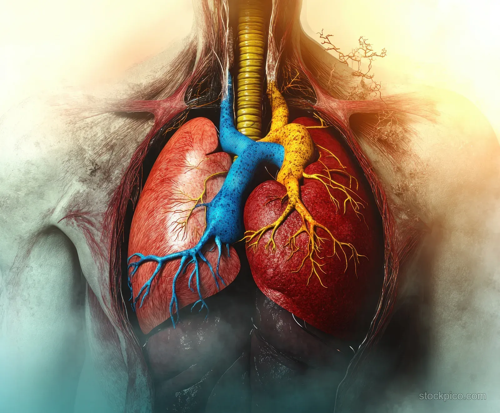 Surreal thoracic cavity cutaway with a vivid heart, blue lungs, and branching blood vessels.