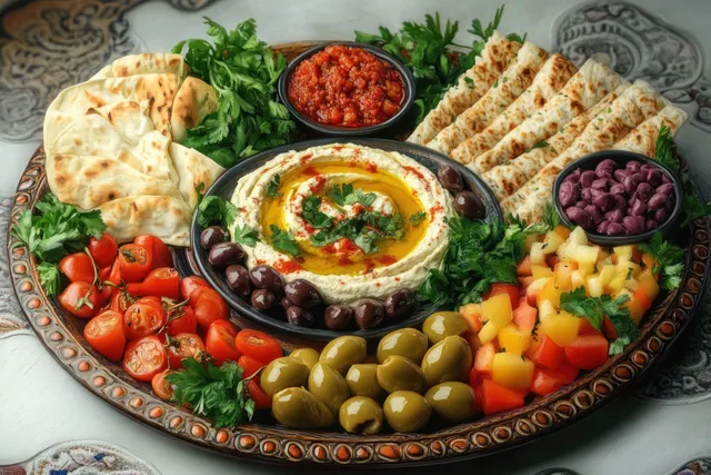 Mediterranean mezze platter featuring hummus with olive oil, olives, pita, and chopped vegetables