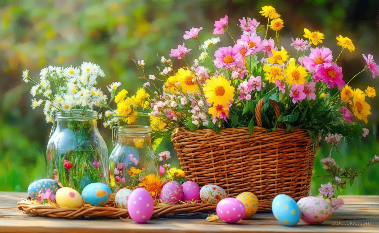 Colorful Easter eggs lie on a picnic table beside fresh spring flowers in glass jars and a woven basket.